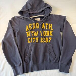 Aeropostale Mens XL Hoodie Navy Blue Aero Ath‎ NYC 1987 Distressed Pullover